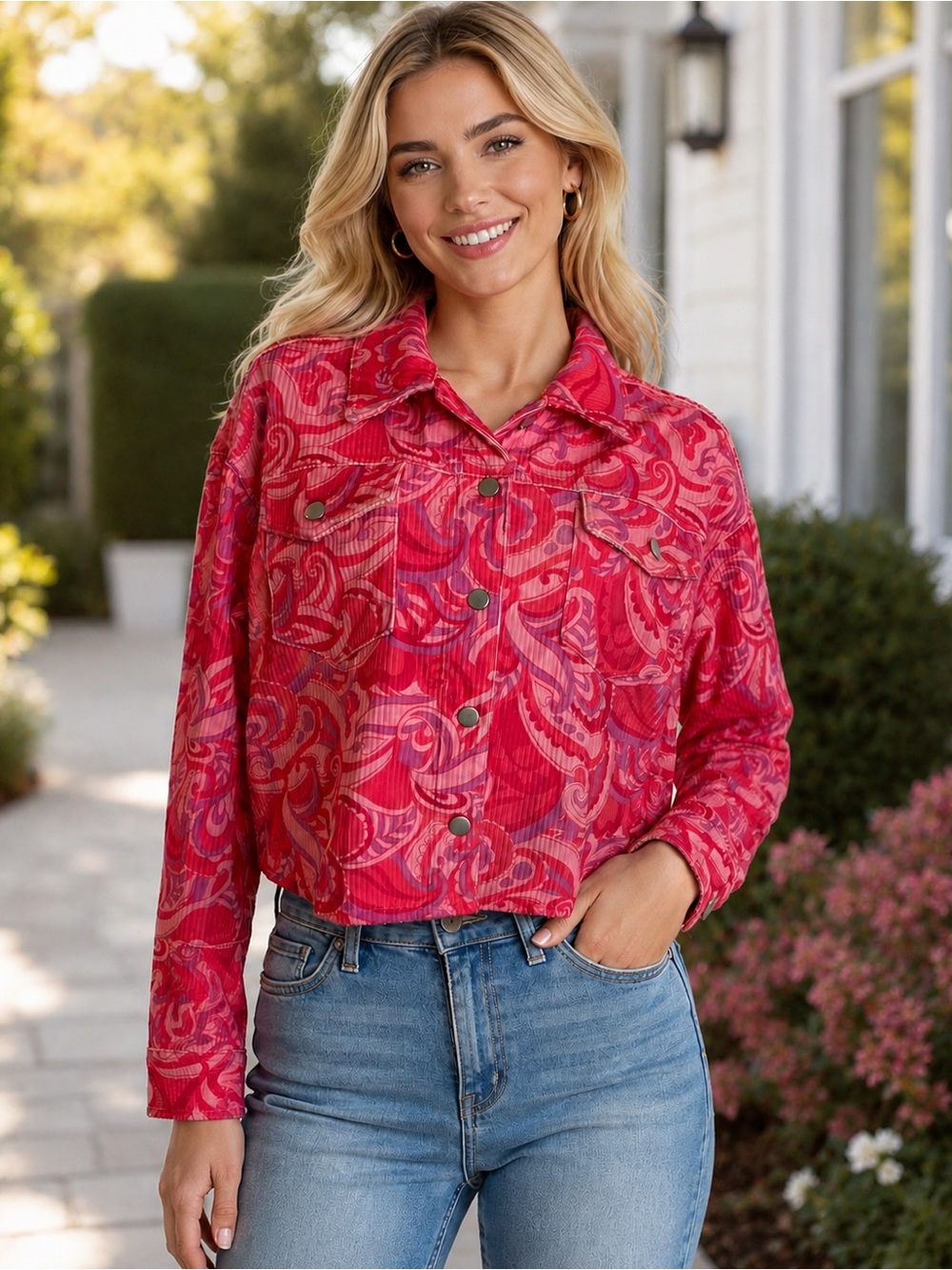 EMILY WONDER VIBRANT BOHO PINK PAISLEY CORDUROY WAIST LENGTH SHACKET JACKET SZ S